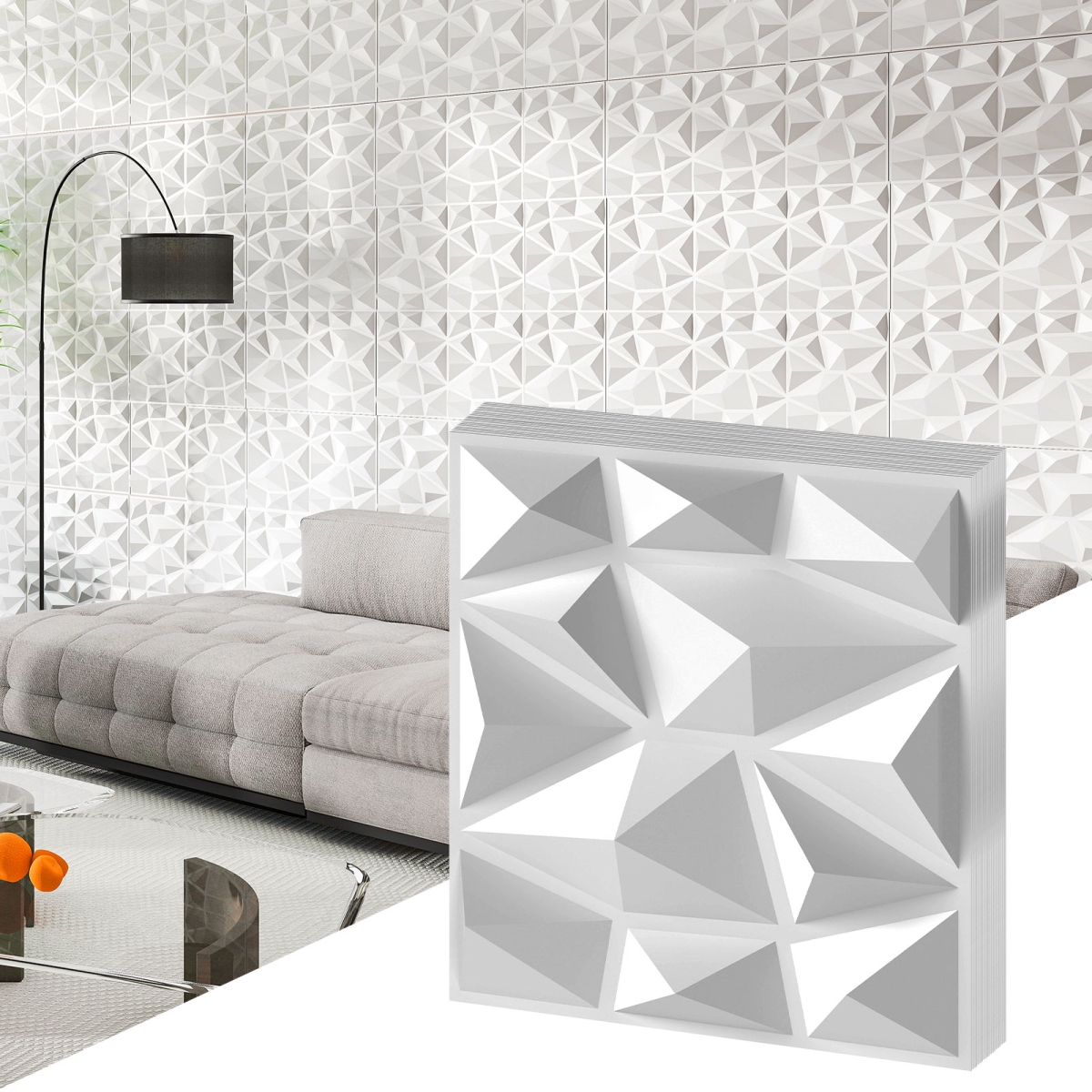 HZ10349WH 3D Wall Panels PVC Interior Wall Decoration with Diamond Accent, White - Pack of 50