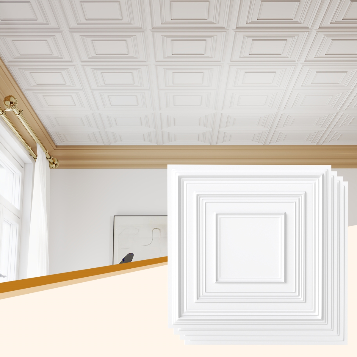 HZ10352WH 24 x 24 in. Drop Ceiling Tiles - 3D Decorative PVC Ceiling Panels, White - Pack of 12