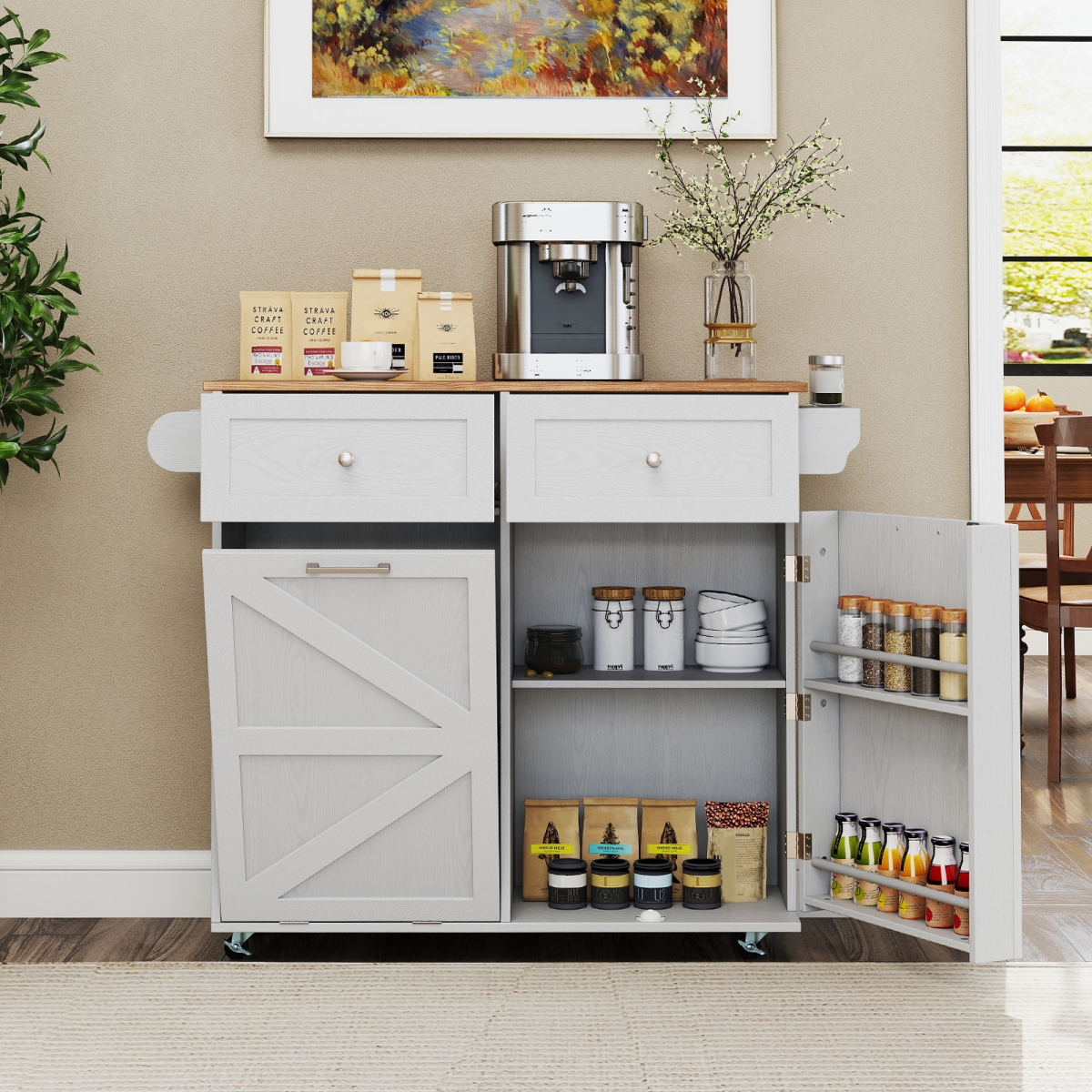 KC57447GR Rolling Kitchen Island with Trash Can Cabinet & Rubber Universal Wheels, Gray