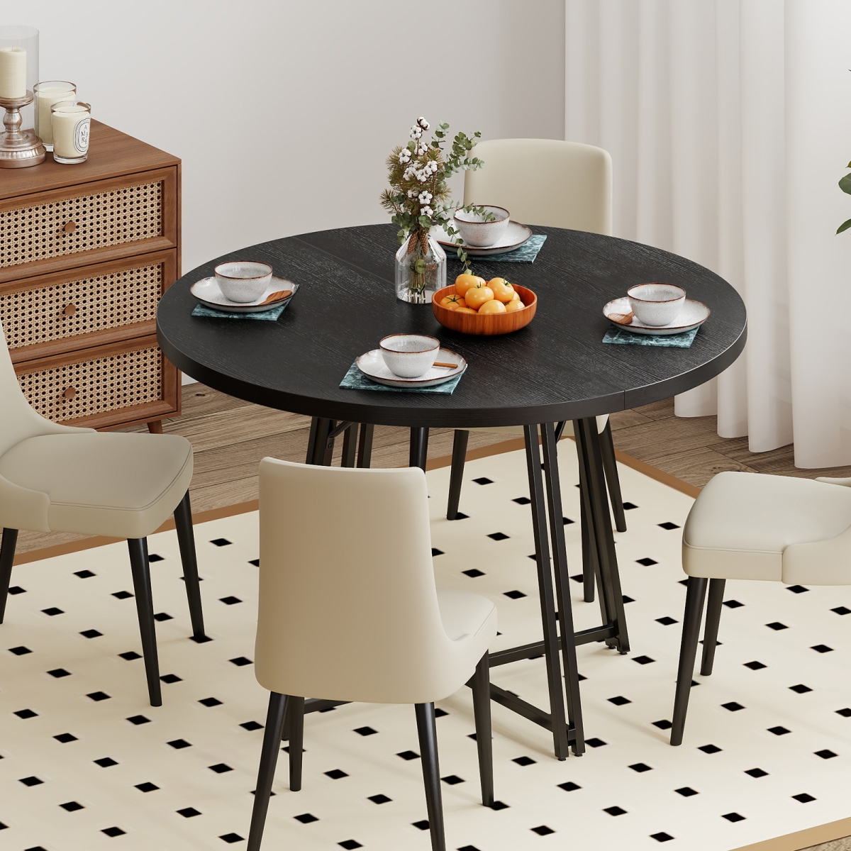 KC58202BK 47 in. Dining Table for 4-6 People Round Kitchen Table with Cross Base, Black