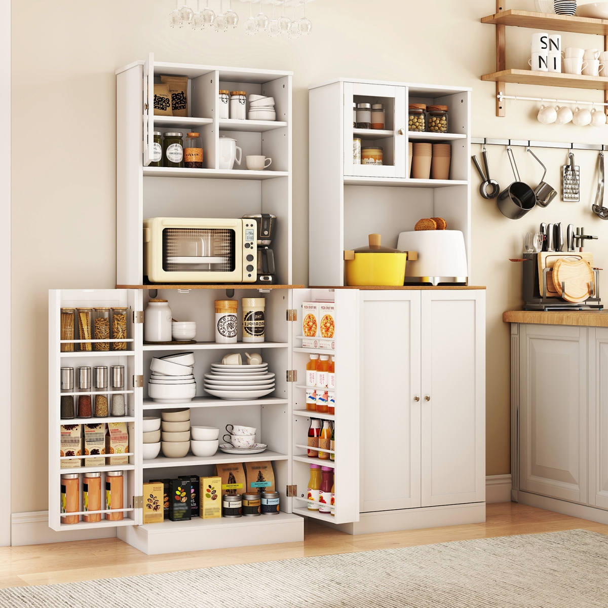 KC58348WH 67 in. Kitchen Pantry Cabinet - Freestanding Tall Cupboard with Microwave Shelf, White