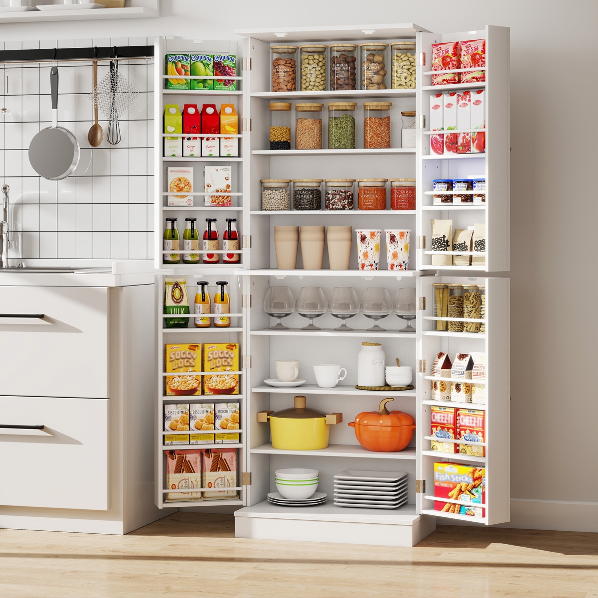 KC58349WH 65.5 in. Kitchen Pantry Cabinet - Freestanding Tall Buffet Cupboard, White