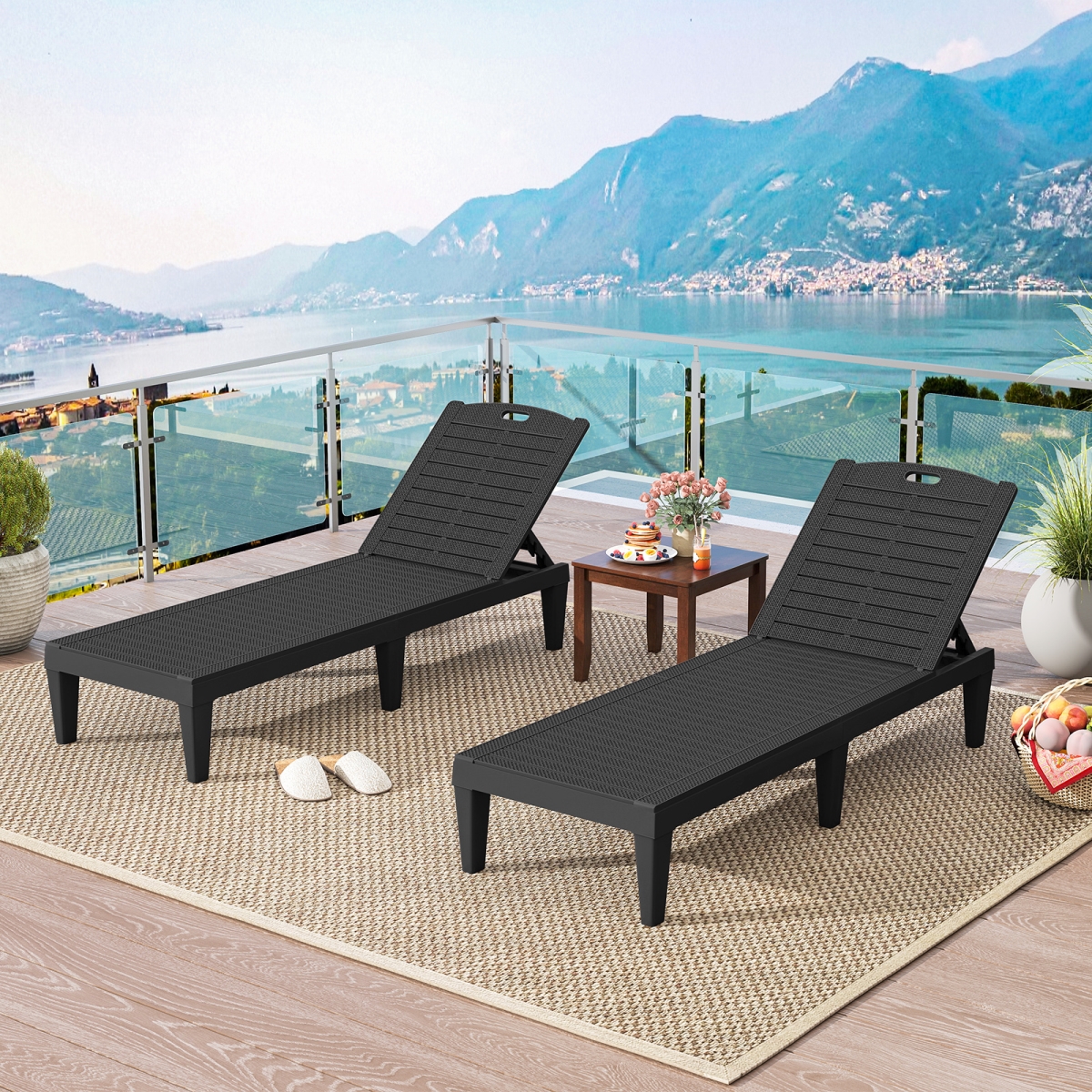 NP12482BK-2 Outdoor PP Chaise Lounge Chairs with 4-Position Adjustable Backrests, Black - Set of 2