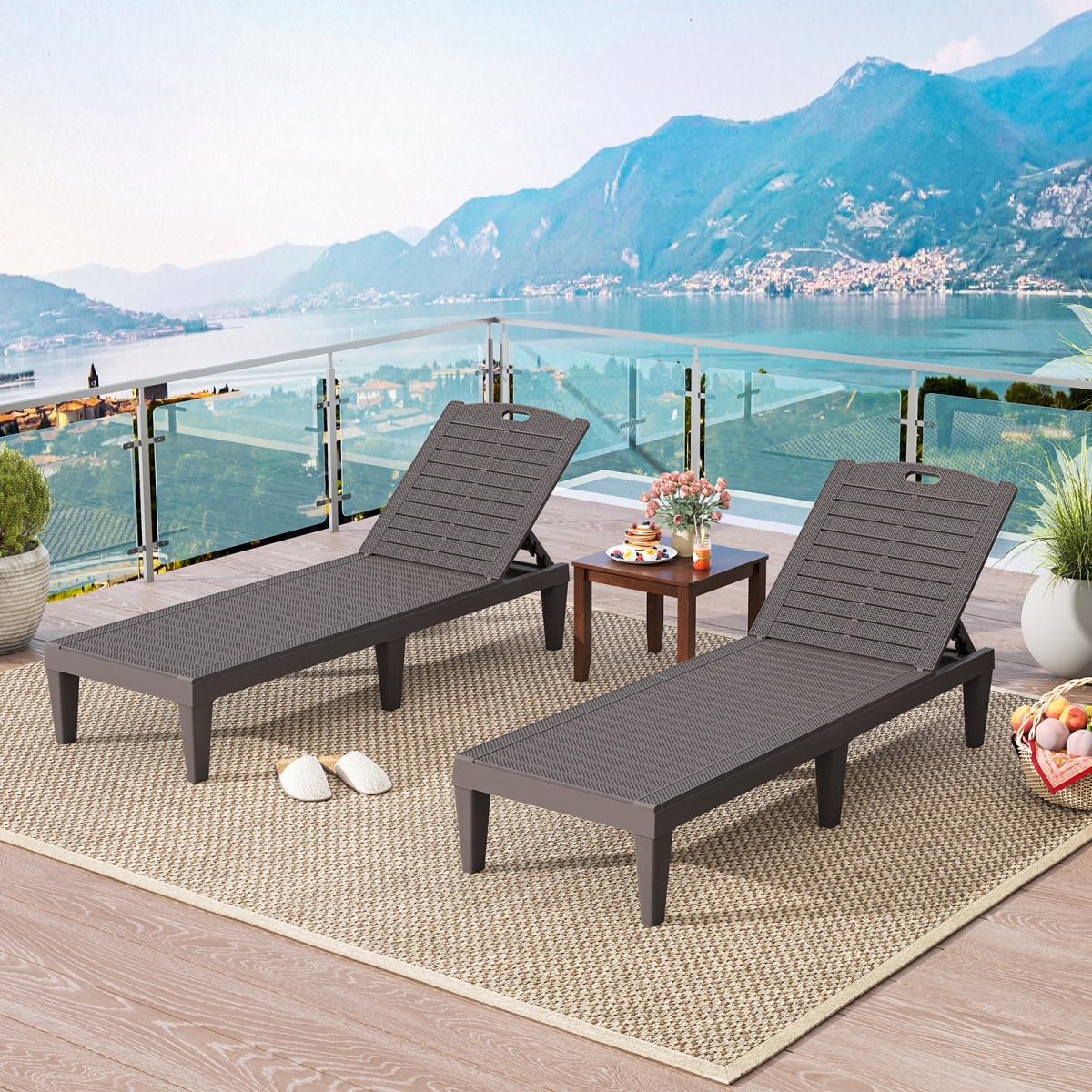 NP12482CF-2 Outdoor PP Chaise Lounge Chairs with 4-Position Adjustable Backrests, Coffee - Set of 2