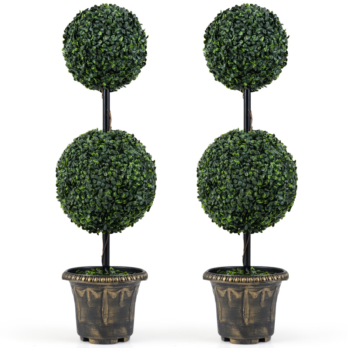 2-HZ10605 3 ft. Artificial Boxwood Topiary Tree Double Ball Shrubs - Set of 2