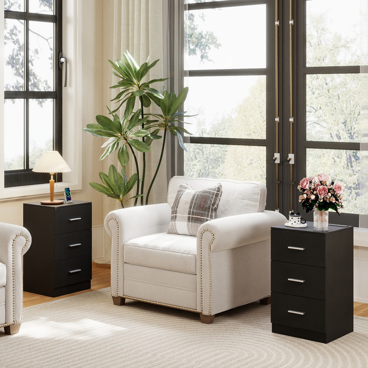 2-JV13146US-DK Nightstand with Charging Station End Table with 3 Storage Drawers Bedside Table for Bedroom - Black - Set of 2