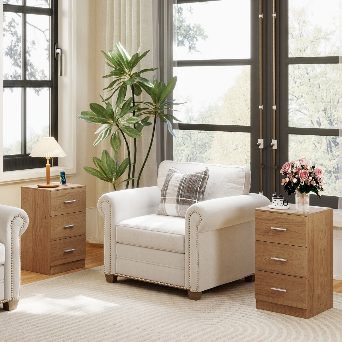 2-JV13146US-NA Nightstand with Charging Station End Table with 3 Storage Drawers Bedside Table for Bedroom - Natural - Set of 2