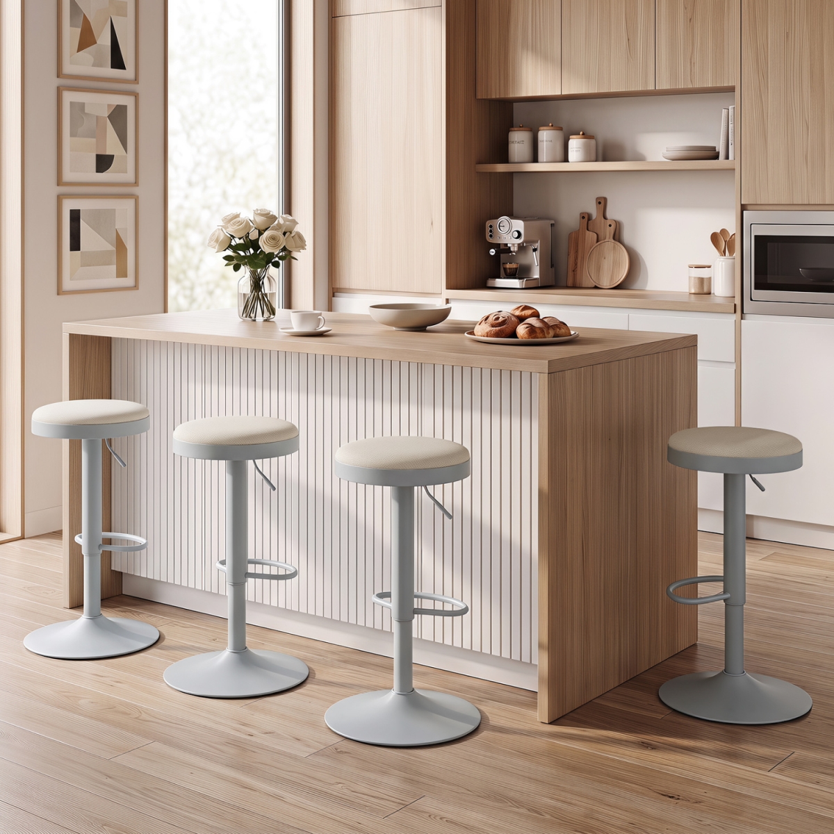 2-JV14659HS-2 Kitchen Bar Stools with Height Adjustment Padded Seat & D-Shaped Footrest - Gray - Set of 4