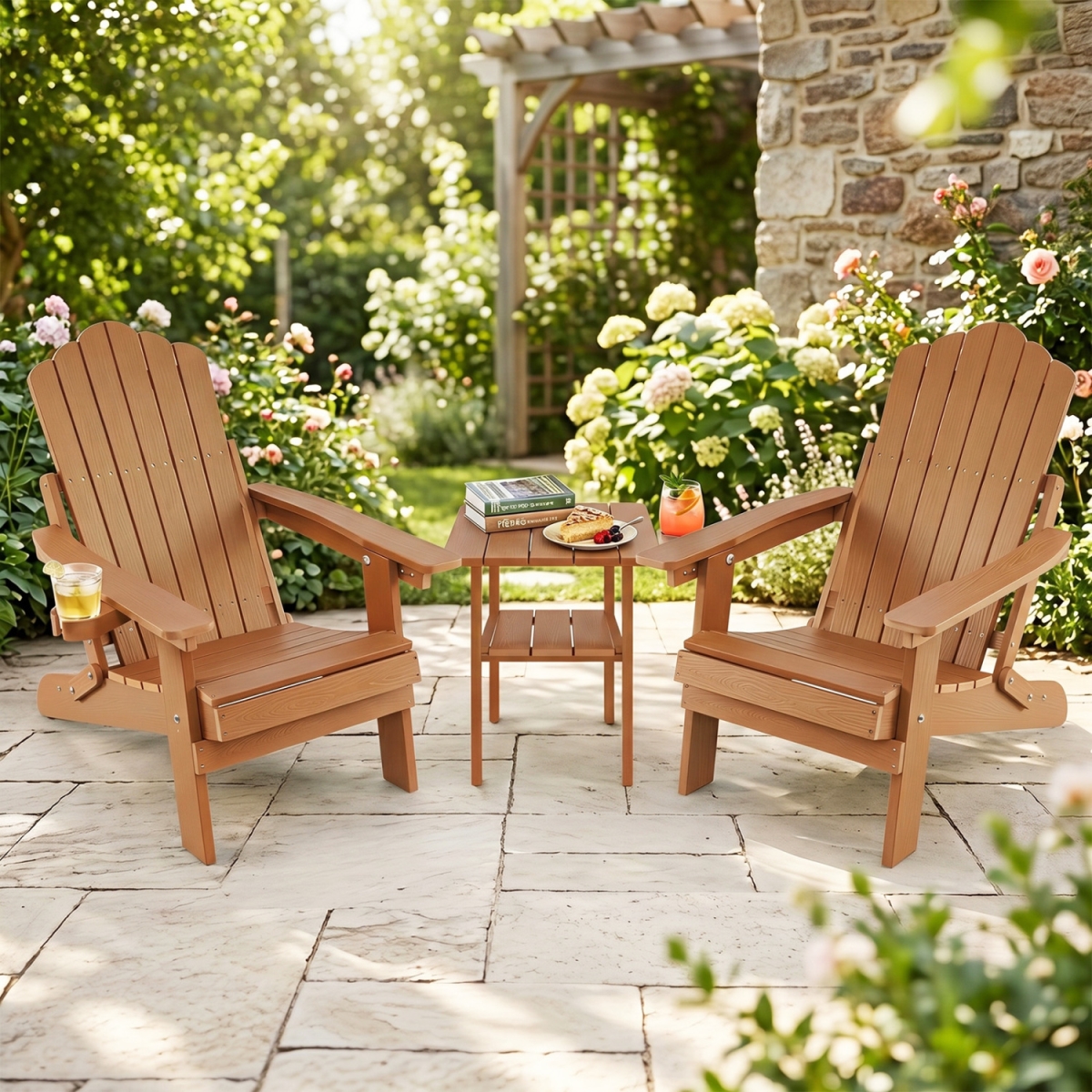 2-NP13571CF Outdoor Folding Adirondack Chair with Cup Holder & 5-Level Backrest - Coffee - Set of 2