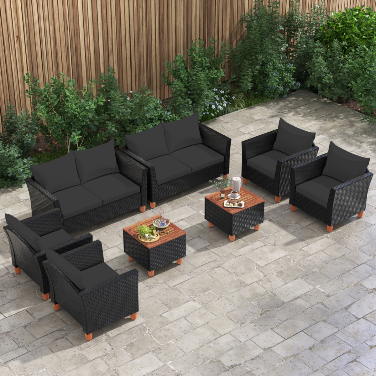 2-HW76022DK- Outdoor Conversation Set with Storage Coffee Table - Black - 8 Piece