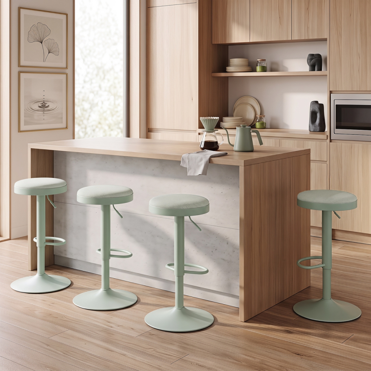 2-JV14659GN-2 Kitchen Bar Stools with Height Adjustment Padded Seat & D-Shaped Footrest - Green - Set of 4