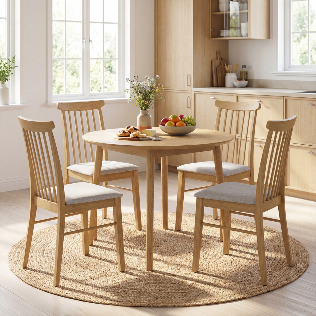 2-KC59284NA-2 Dining Chairs Fabric Upholstered Kitchen Armless Chairs with Rubber Wood Frame - Natural - Set of 4
