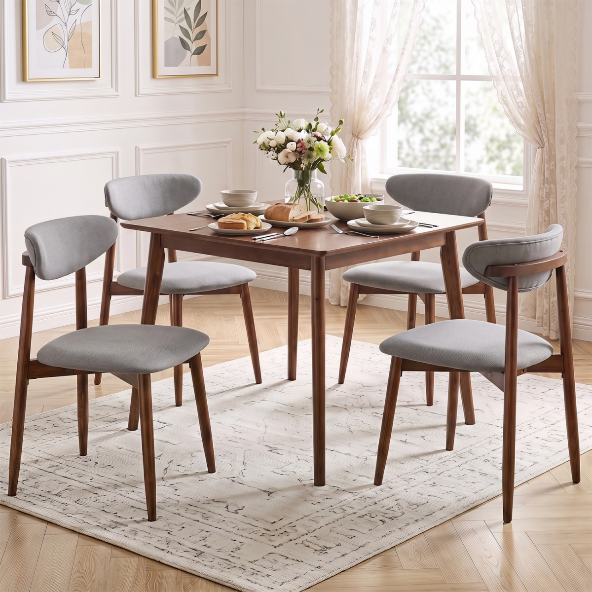 2-KC59631GR-2 Fabric Upholstered Dining Chairs with Curved Backs - Gray - Set of 4