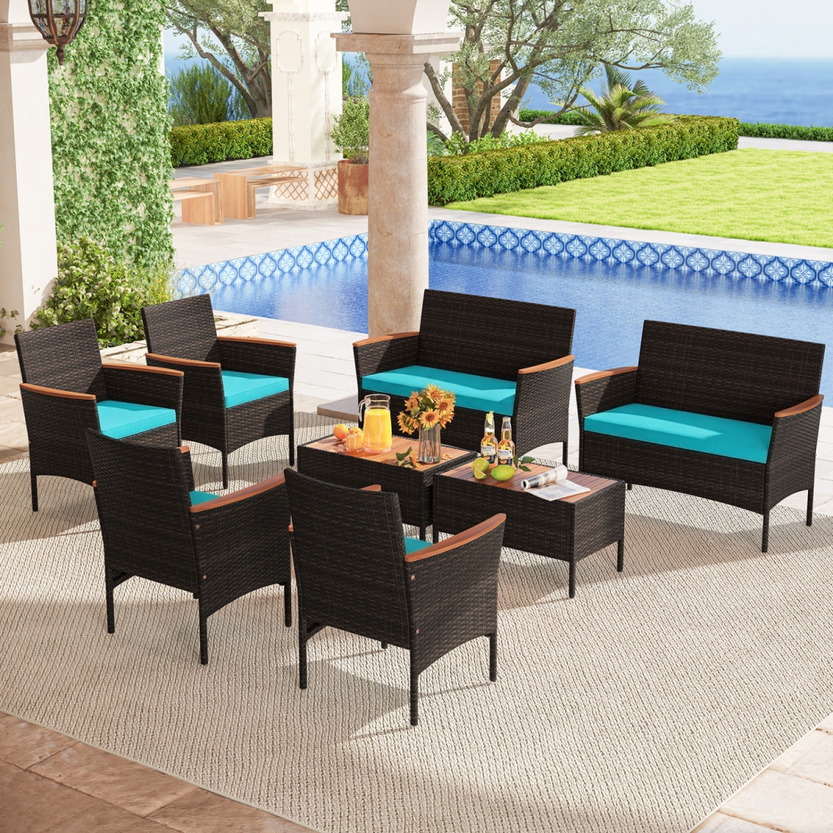 2-HW75077TU Patio Wicker Sofa Set 4 Rattan Chairs & 2 Loveseat with 2 Table - Turquoise - 8 Piece