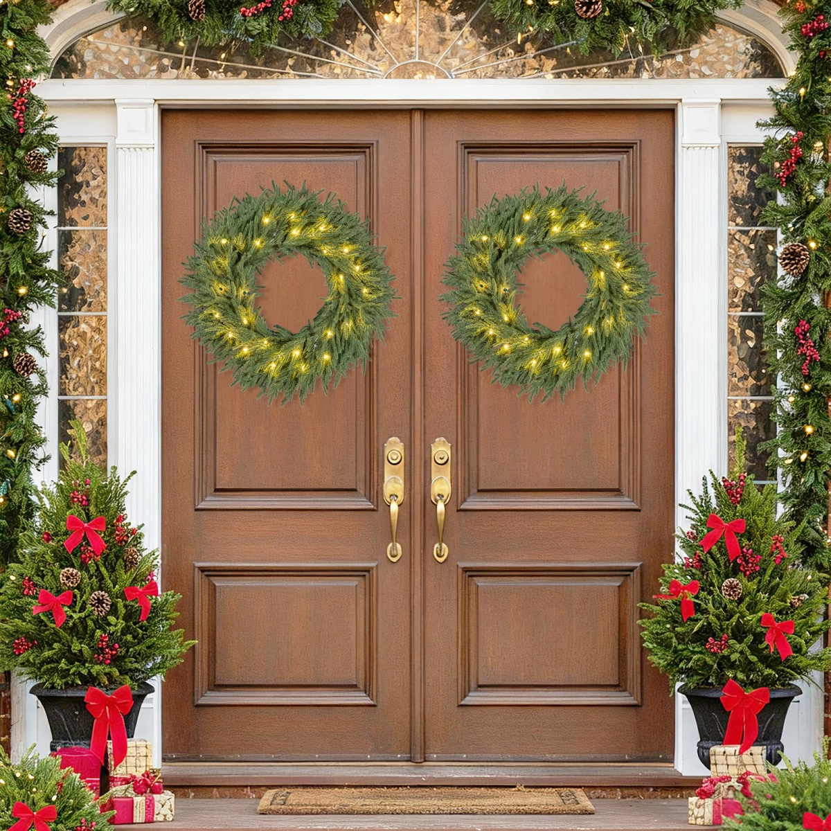 2-CM25521 24 in. Pre-Lit Christmas Wreath with 108 Branch Tips & 35 Warm White LED Lights for Wall Window - 2 Piece