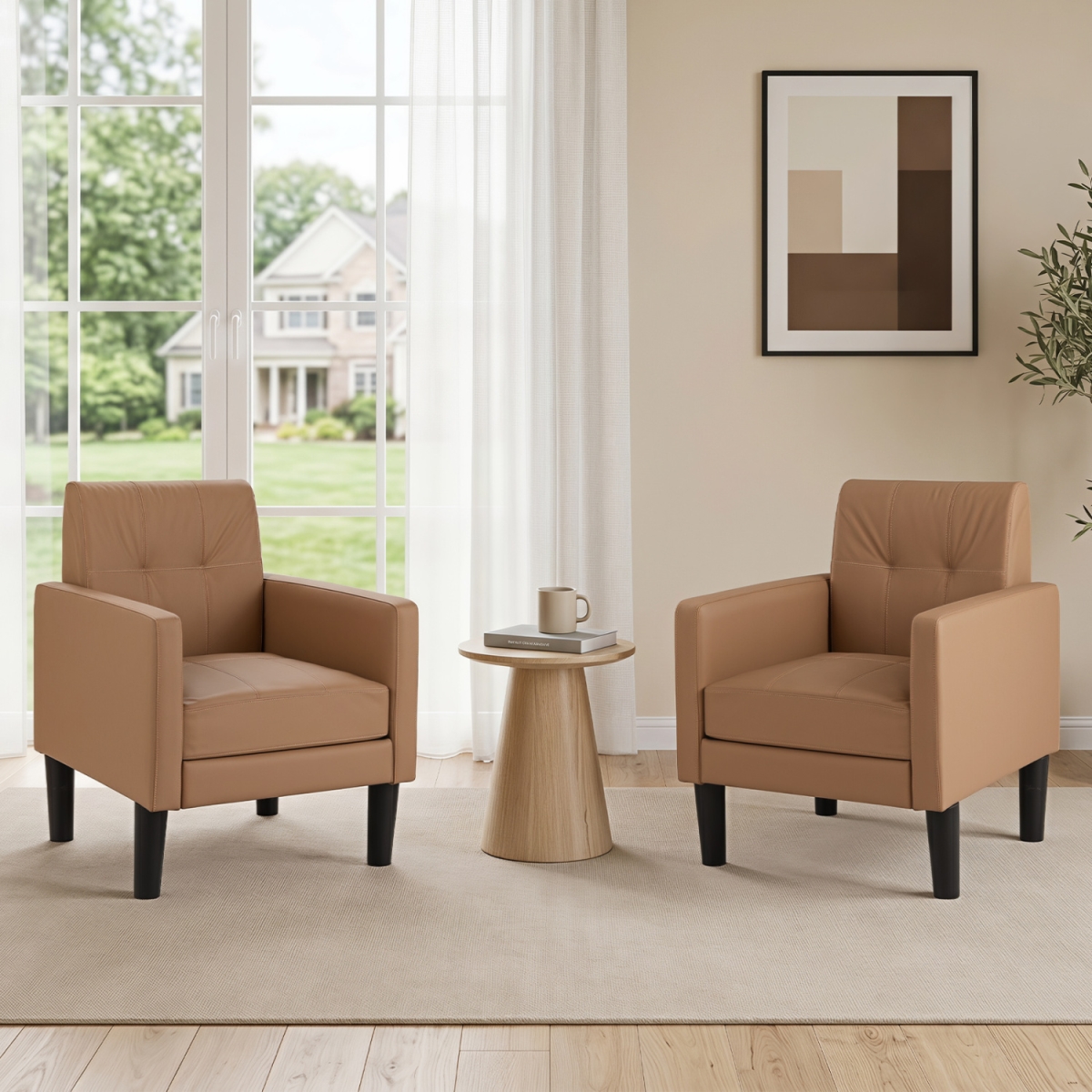 2-HV11054BN PU Leather Modern Accent Chair with Removable Seat Cushion - Brown - Set of 2