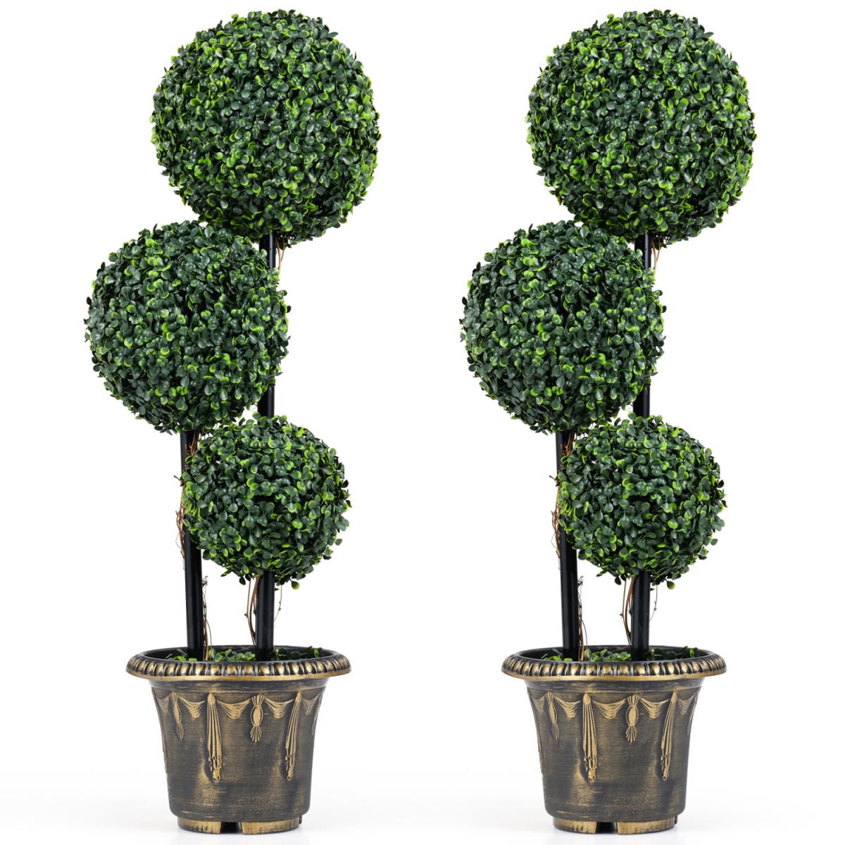 2-HZ10601-75 29 in. Artificial Boxwood Topiary Tree Triple Ball Shrubs - Green, Black & Golden - Set of 2