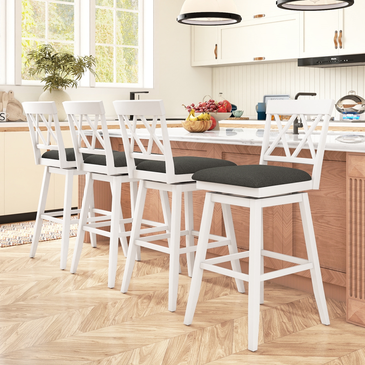 2-JV13469WH-29 Swivel Bar Stools Counter Height Barstools with Backrest Upholstered Seat Cushion - 29 in. - Set of 4