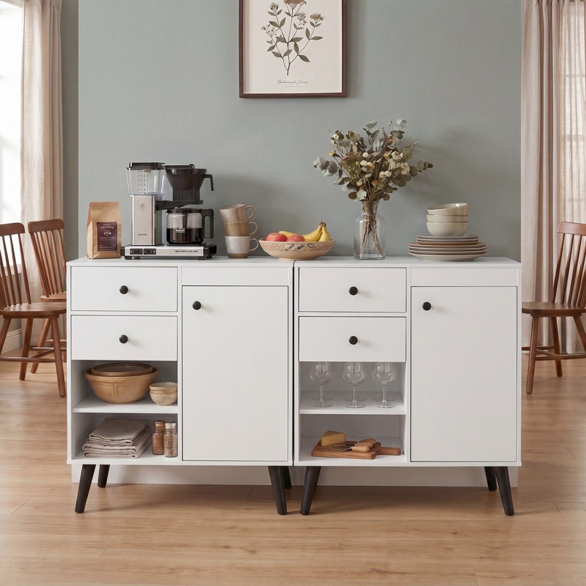 2-JV13834WH 31 in. Buffet Cabinet with 2 Drawers & Open Compartments for Kitchen - White - Set of 2