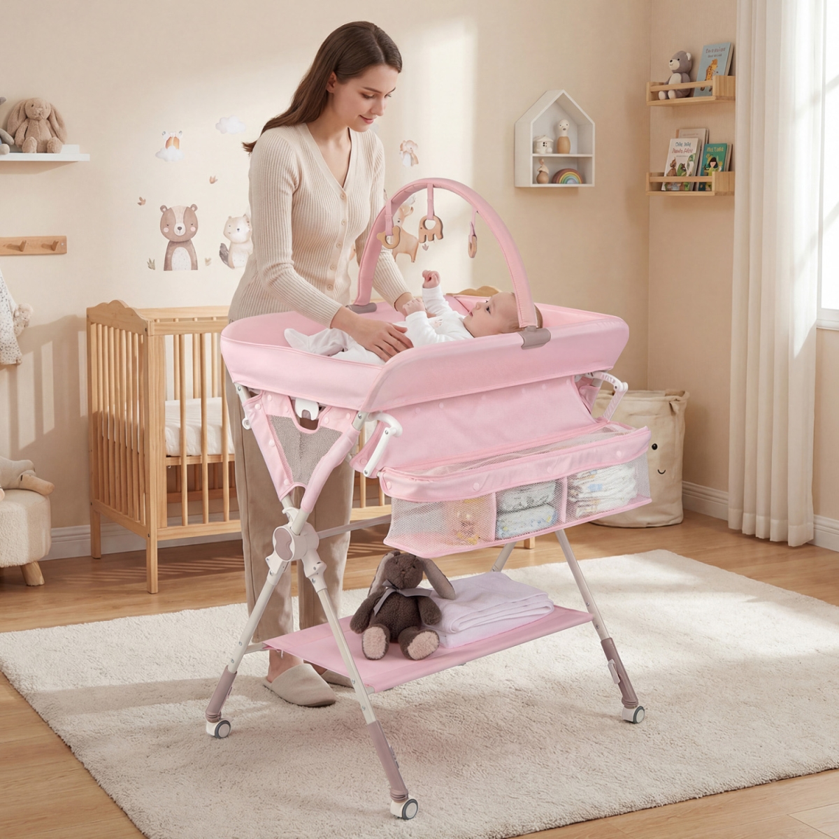 AC10049PI Baby Changing Table Foldable Diaper Changing Station with Storage Bag & Shelf - Pink