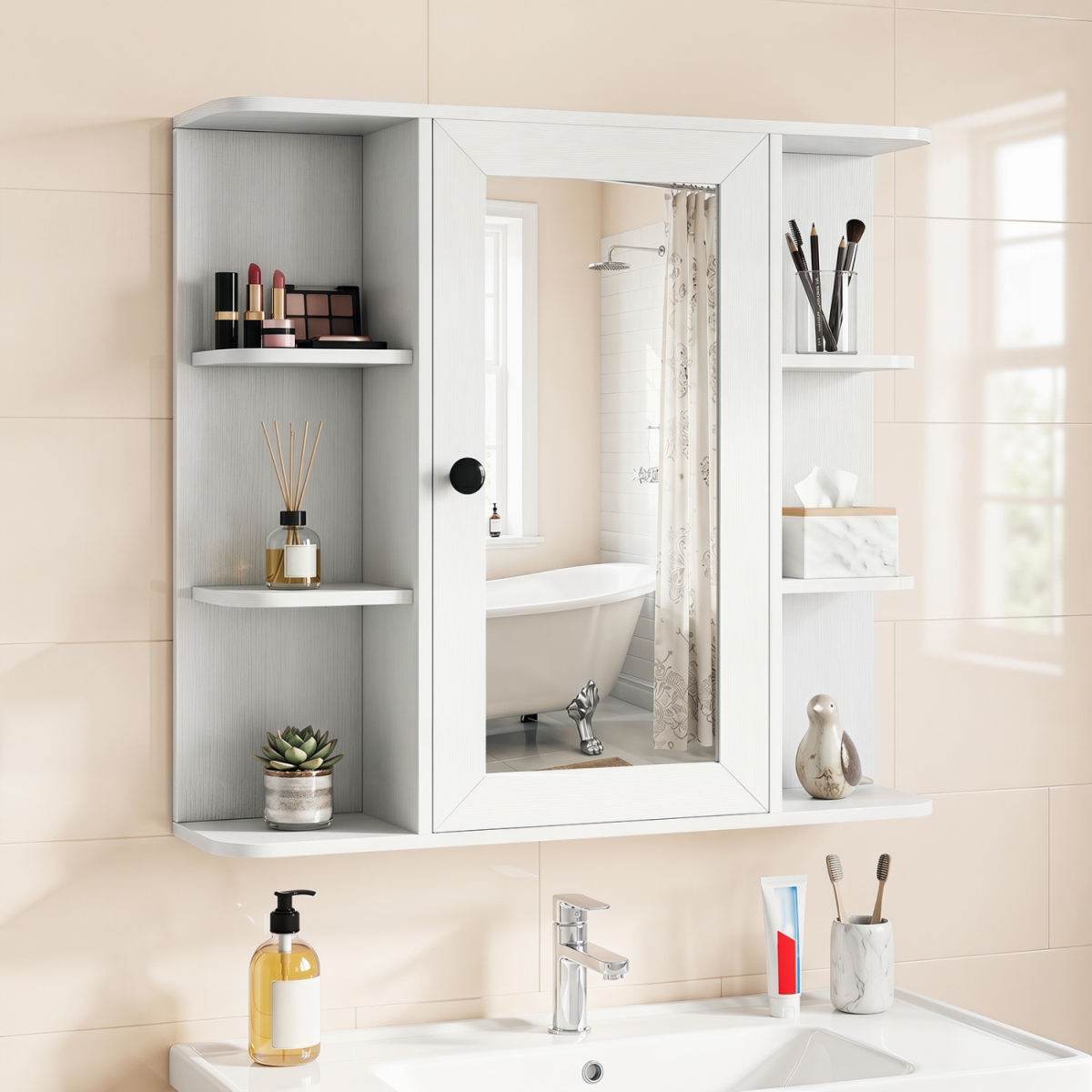 BA8485WH Wall Mounted Bathroom Medicine Cabinet with Mirror & Shelves - White