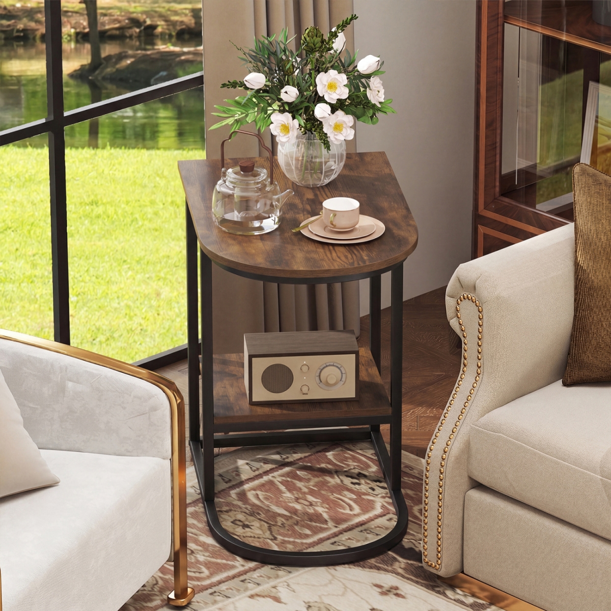 2-JV13978CF C-Shaped Modern Sofa Side Table with Storage Shelf Faux & Marble Tabletop - Rustic Brown
