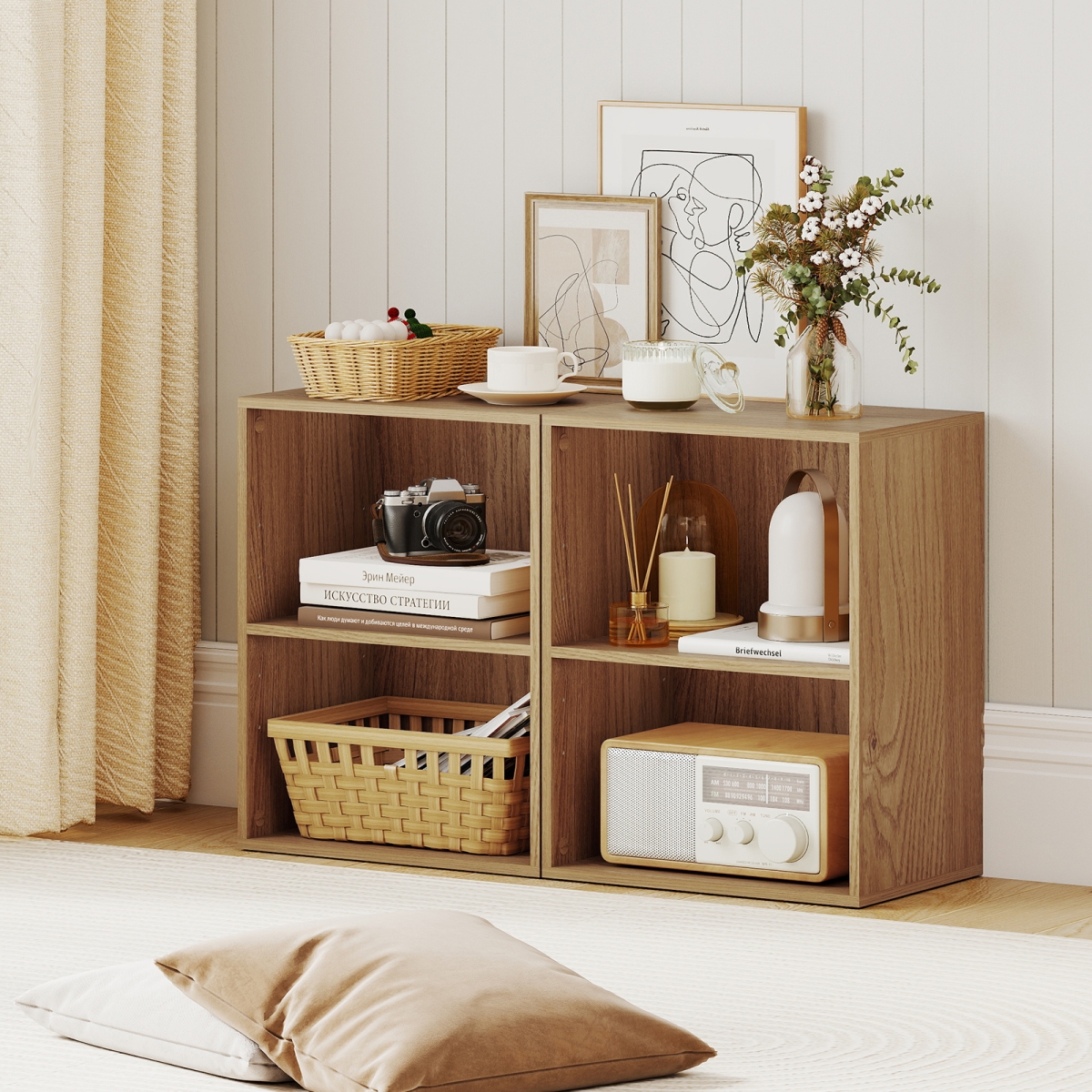 2-CB11052NA 2-Cube Bookcase Floor Standing Open Bookshelf with 5-Position Adjustable Shelf - Natural - Set of 2