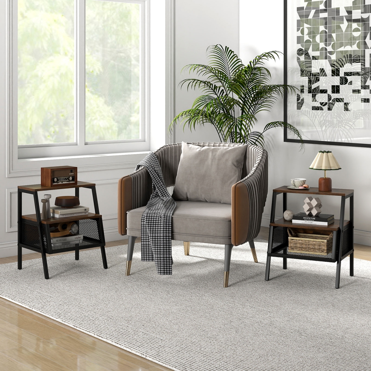 2-HU11157CF Industrial Nightstand 3-Tier End Table with 2 Open Shelves & Metal Mesh Compartment - Rustic Brown - Set of 2