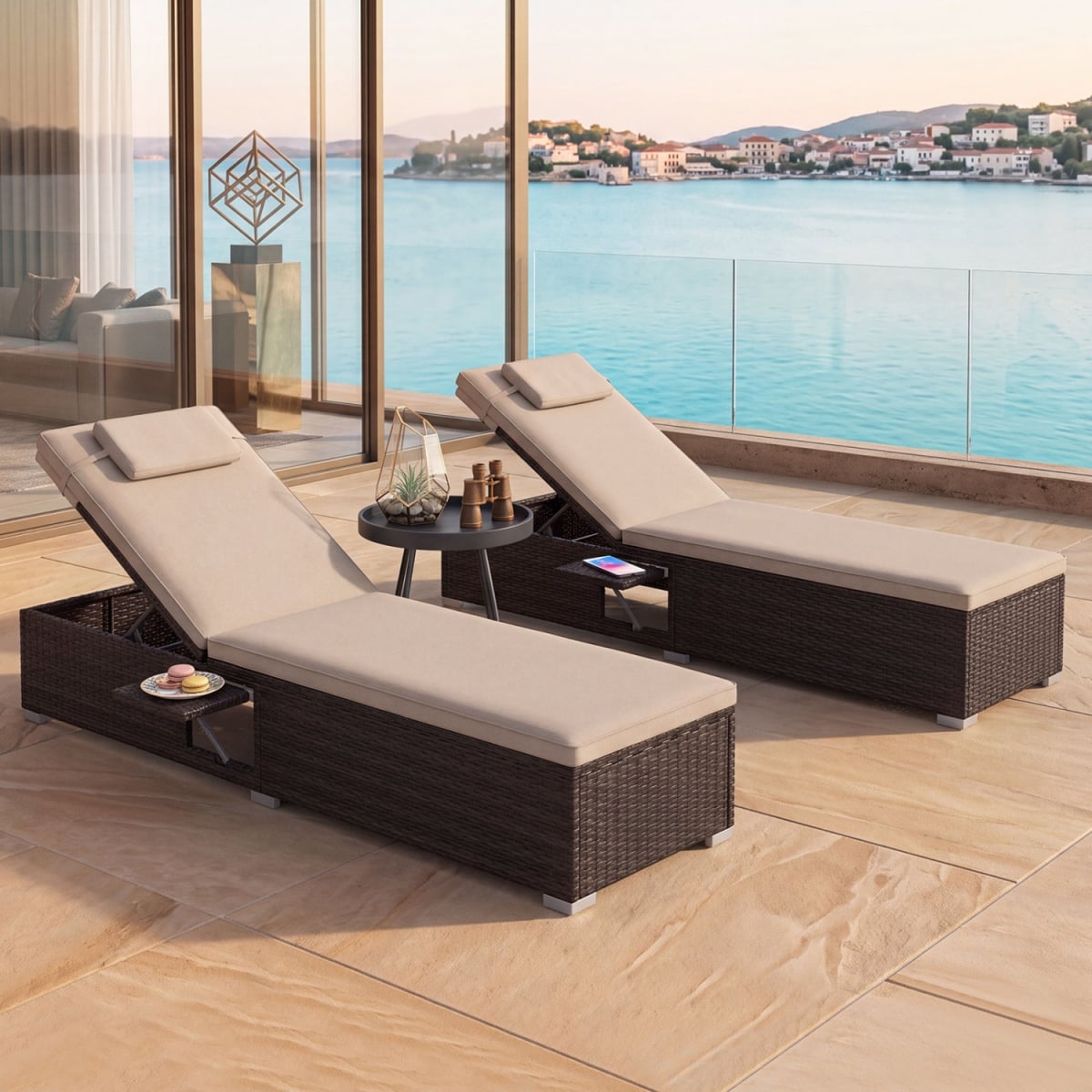 2-HW76075BN PE Rattan Chaise Lounge with 6-Position Adjustable Backrest & Foldable Side Table - Mix Brown & Brown - Set of 2