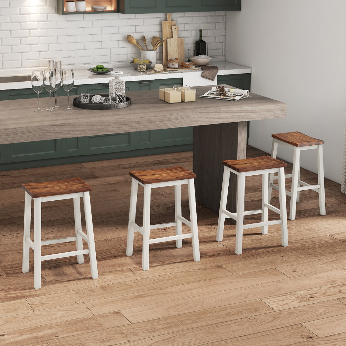 2-JV11682WH 24.5 in. Saddle Stools Bar Stools with Footrests for Kitchen Island - Walnut & Gray - Set of 4