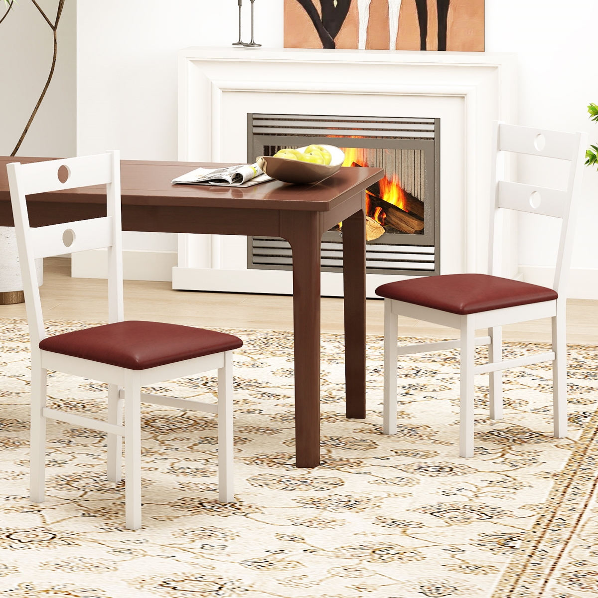 2-JV13566WH Wooden Dining Chairs Armless Kitchen Chairs with Hollowed Backrest - White - Set of 4