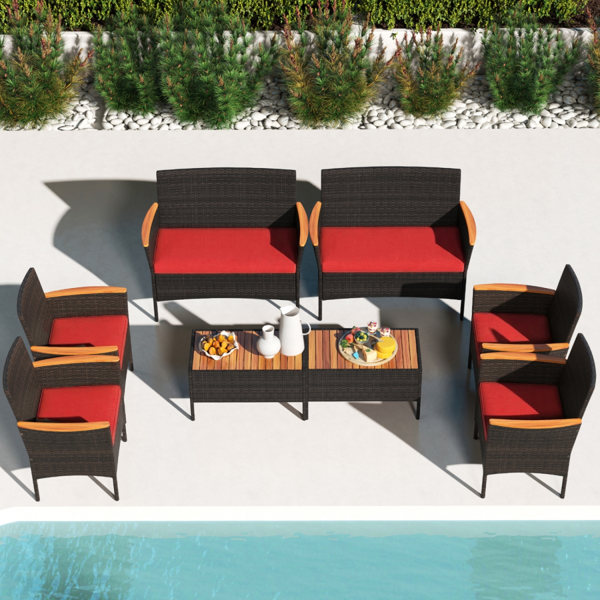 2-HW75077RE Patio Wicker Sofa Set with 4 Rattan Chairs & 2 Loveseat with 2 Table - Red - 8 Piece