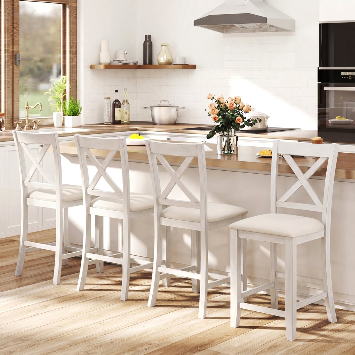 2-JV12665BS-2 Modern Farmhouse Counter Height Stools with Footrest - White - Set of 4
