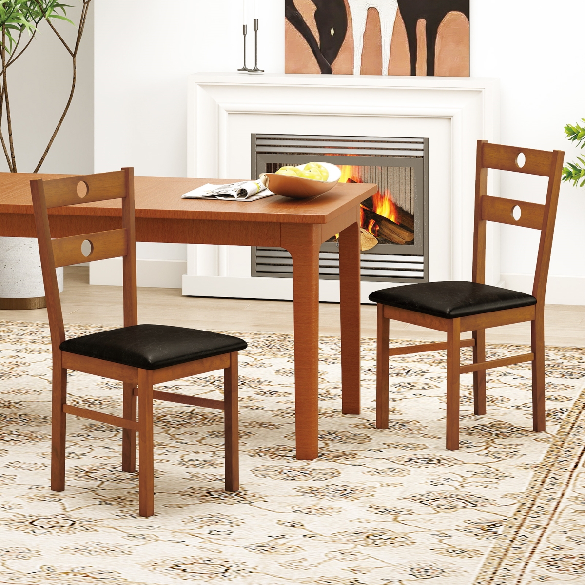 2-JV13566BN Wooden Dining Chairs Armless Kitchen Chairs with Hollowed Backrest - Brown - Set of 4