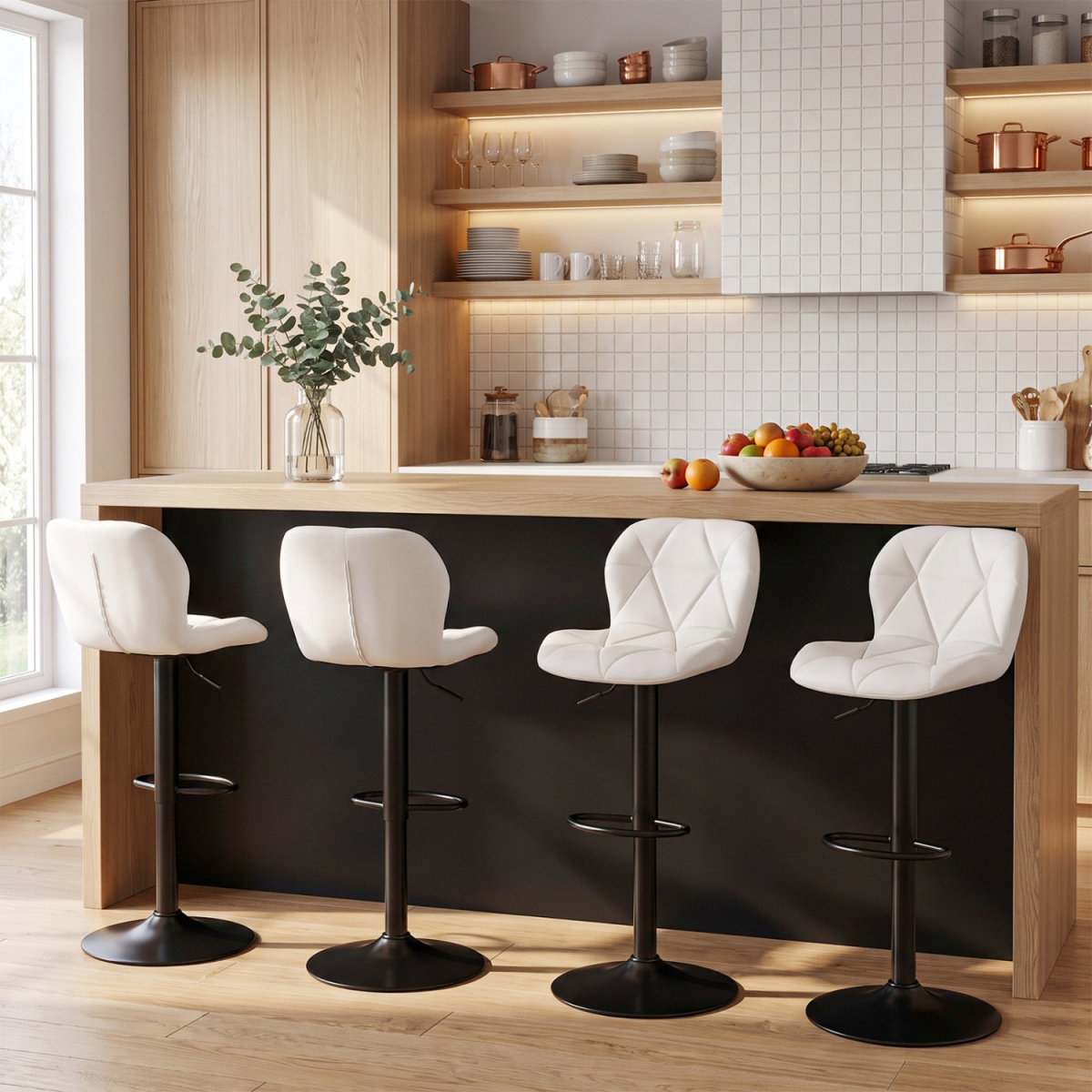 2-JV14961WH-2 Upholstered Swivel Bar Stools with Adjustable Height & Curved Backs - White - Set of 4