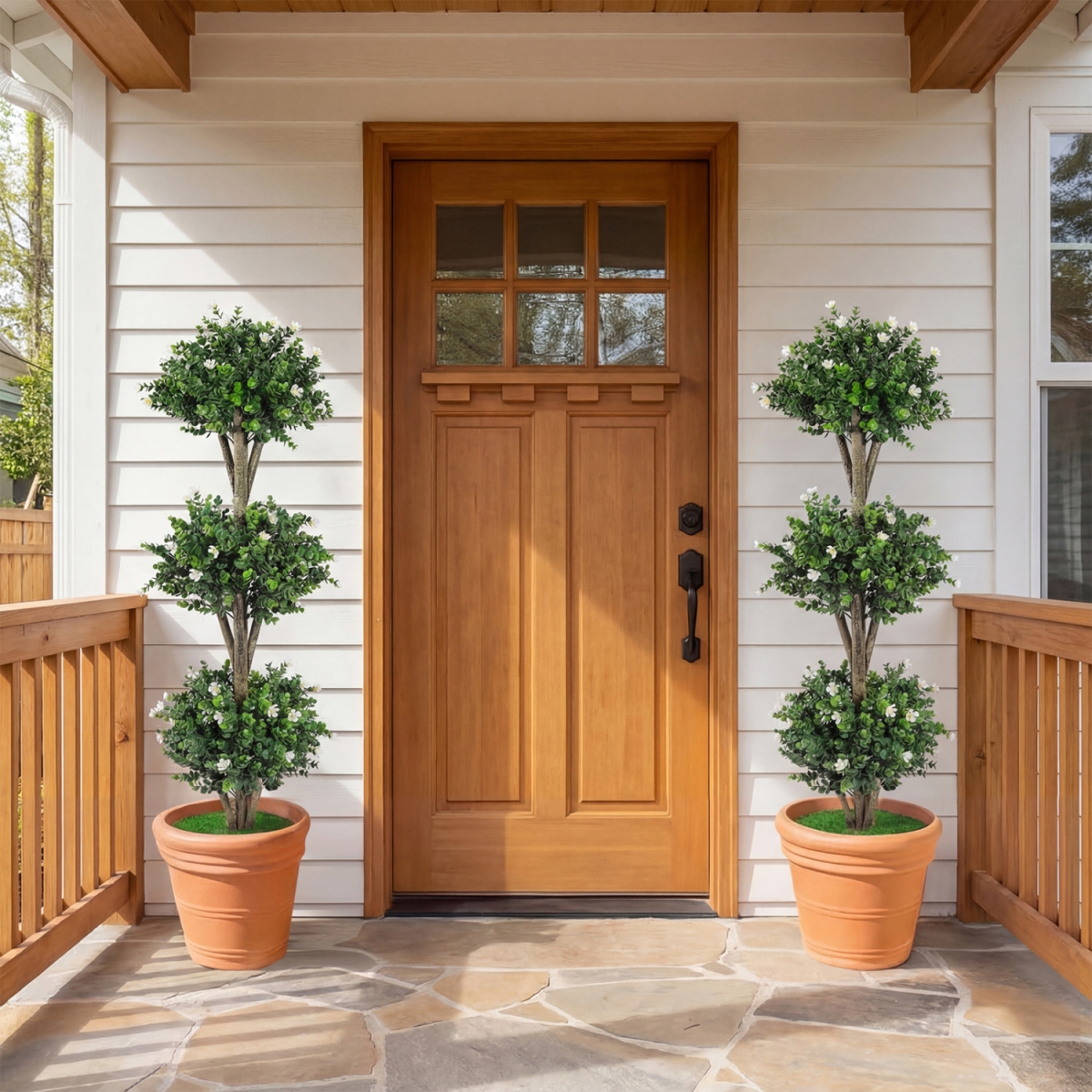 2-HZ10522WH 51 in. Artificial Triple Ball Boxwood Topiary Tree with 59 Blossoms - White - Set of 2