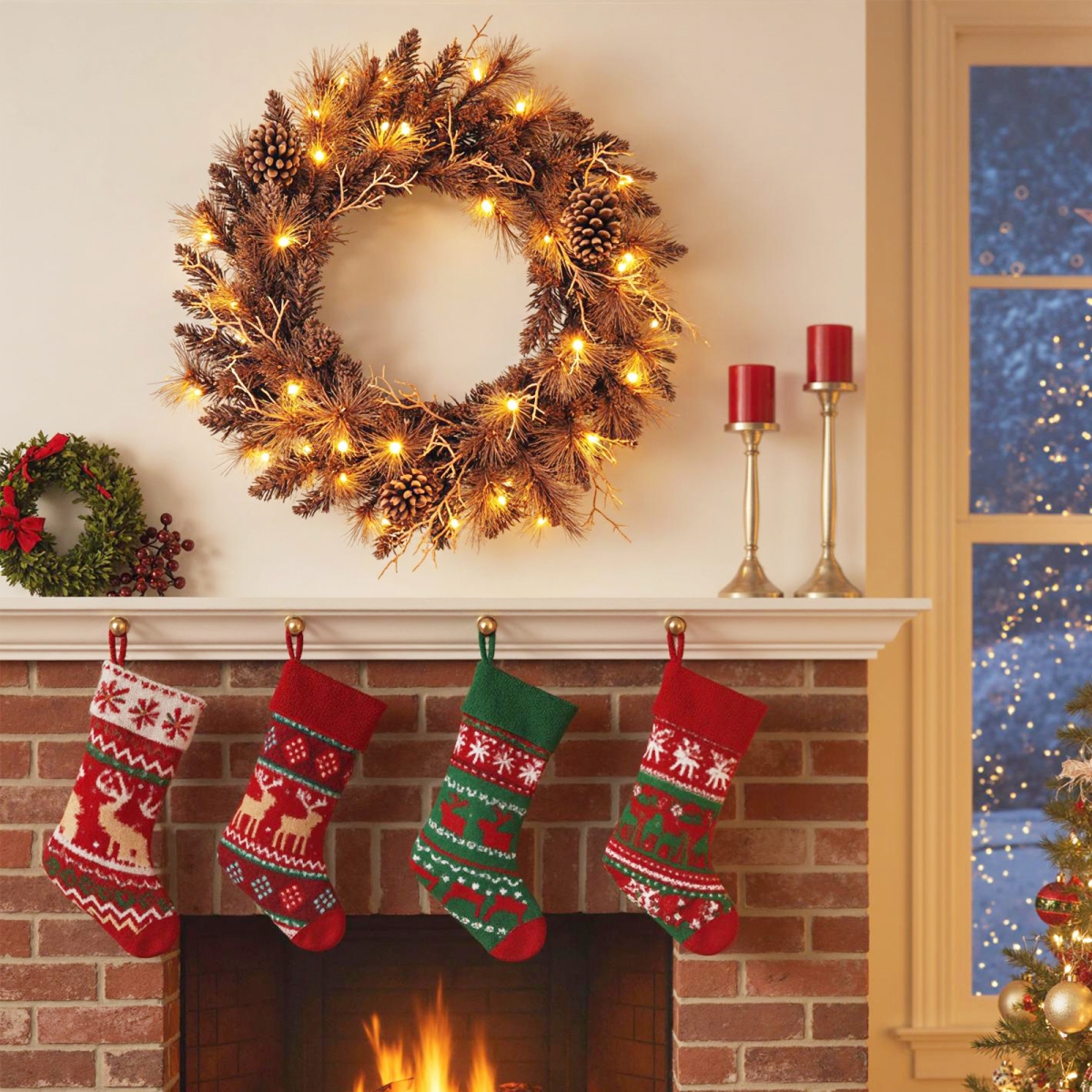 2-CM25516 24 in. Pre-Lit Christmas Wreath with 105 Branch Tips & 35 Warm White LED Lights - 2 Piece