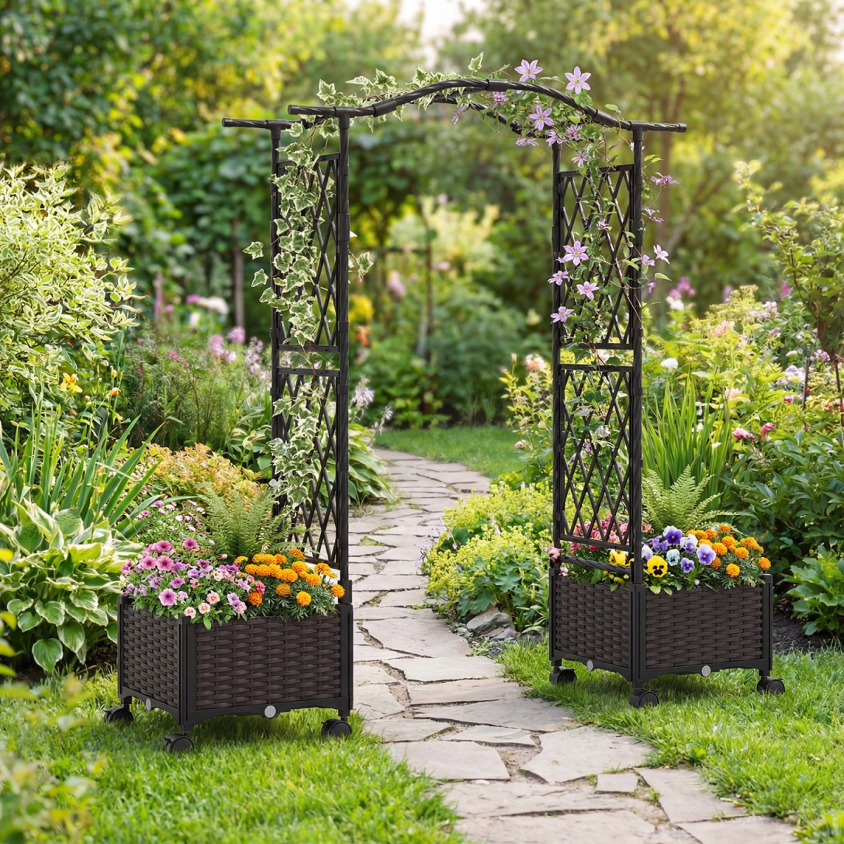 2-GT4459BN 5 ft. Tall Raised Garden Bed with Lockable Wheels & Hanging Roof for Climbing Flowers - Brown