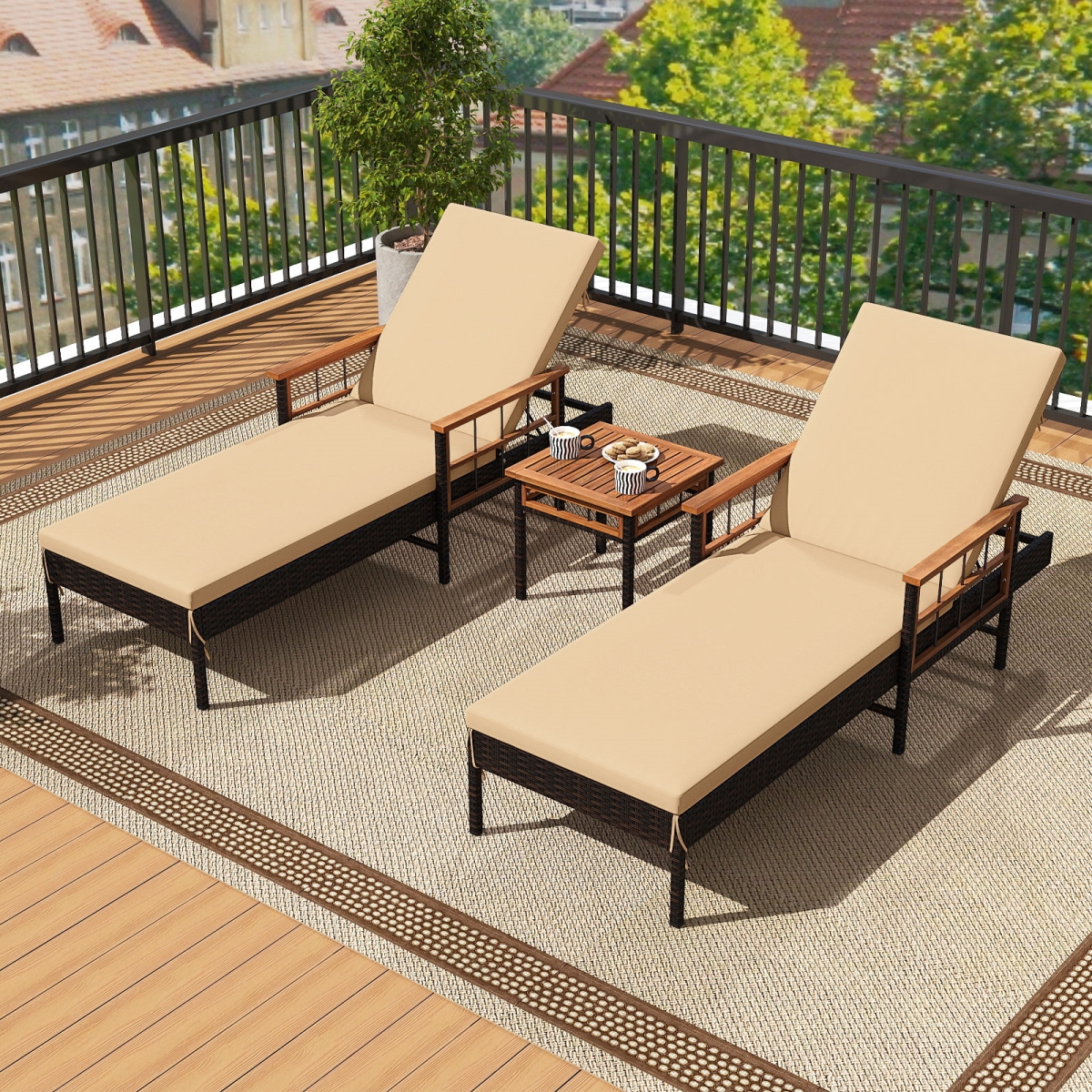 2-HW74908WH Patio Rattan Chaise Lounge with 4-Level Adjustable Backrest - Beige