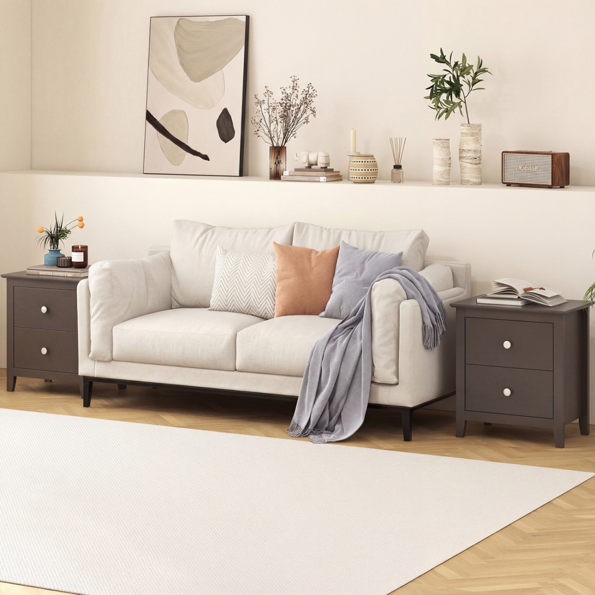 2-HU10822HS Modern Nightstand with Two Drawers for Small Spaces - Rustic Brown - Set of 2