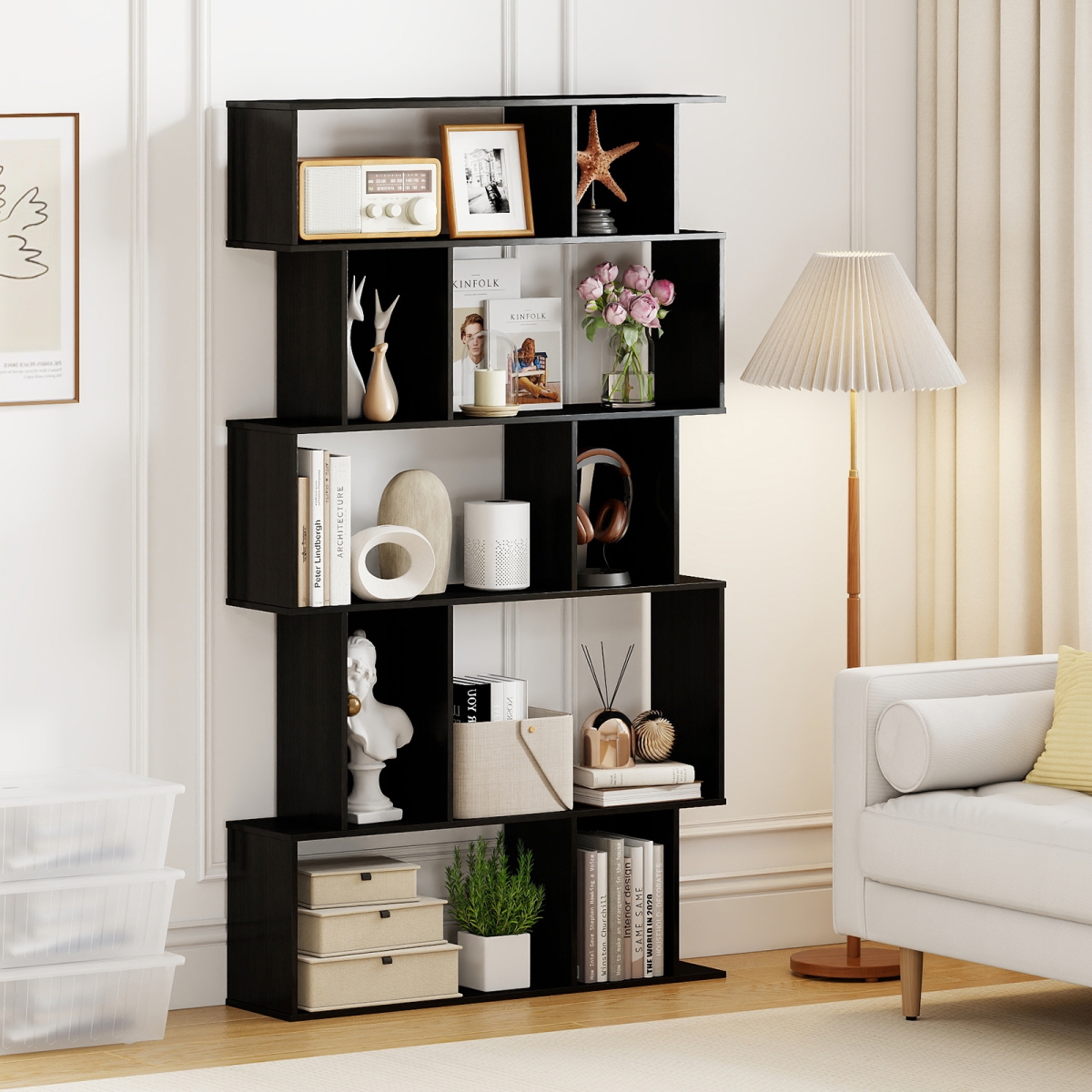 2-JV13604DK Geometric Bookshelf 5-Tier Bookcase with Open Shelves & Closed-Back Cubes - Black - Set of 2