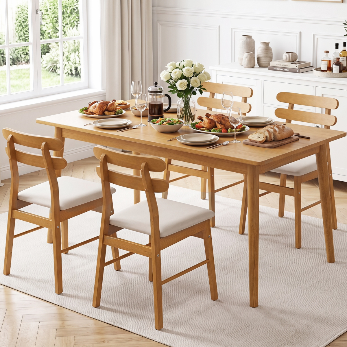 2-KC59705NA-2 Upholstered Dining Chairs with Padded Seat & Solid Wood Legs - Natural - Set of 4