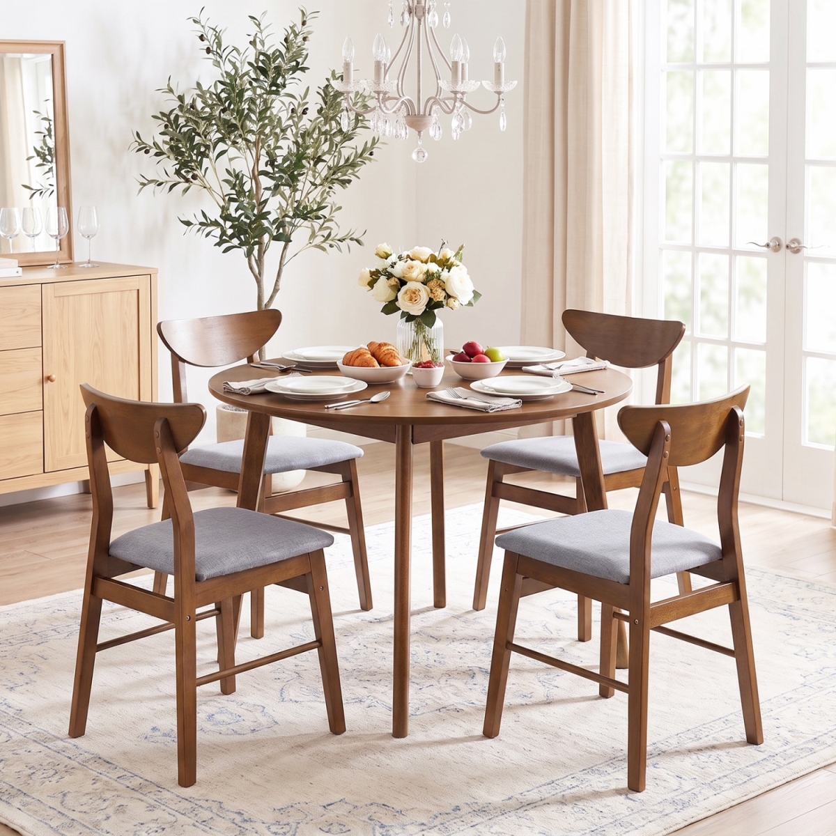 2-KC59706WN-2 Upholstered Dining Chairs with Curved Backrest & Rubber Wood Frame - Walnut - Set of 4