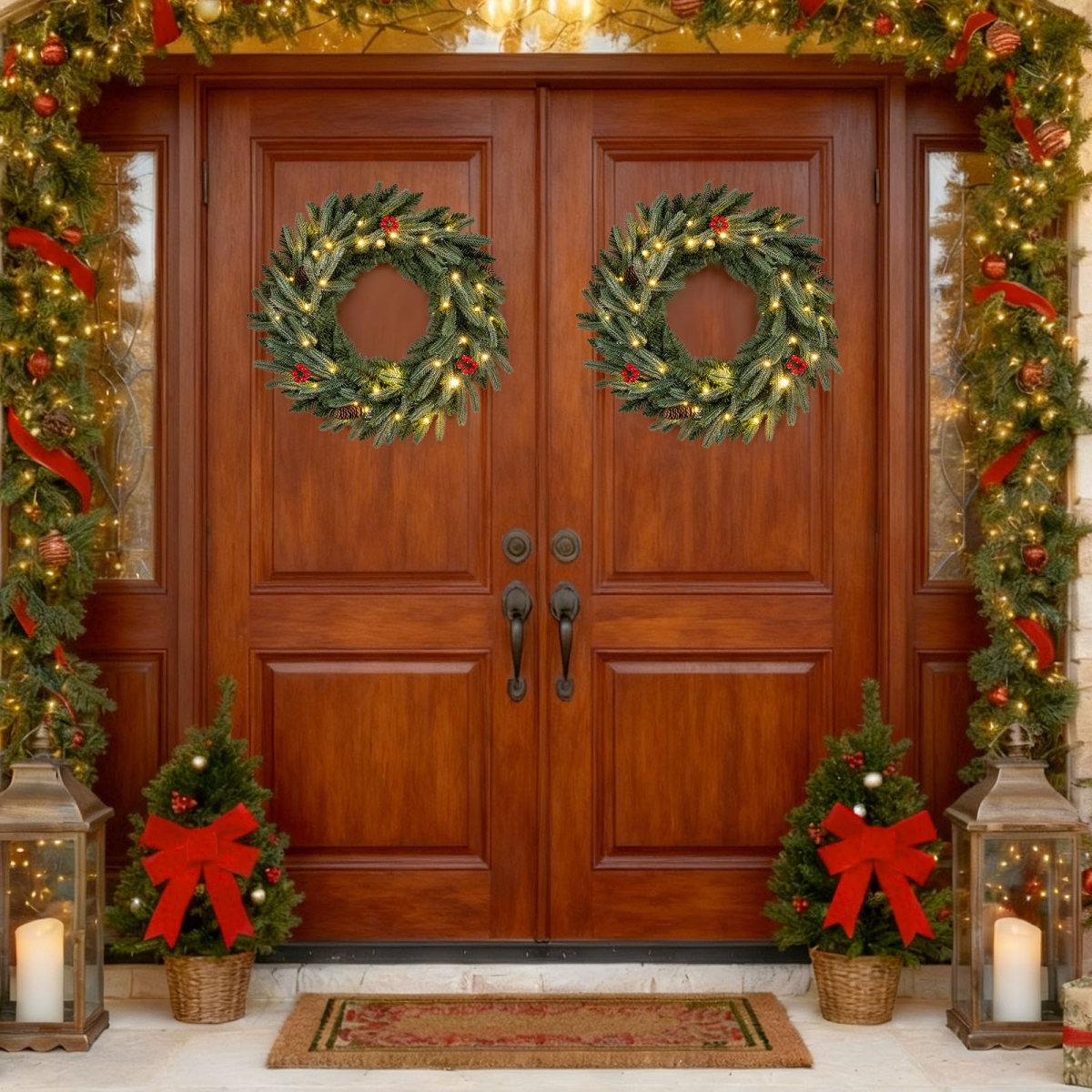 2-CM25518 24 in. Pre-Lit Christmas Wreath Front Door Artificial Xmas Wreath with 90 Frosted Branch Tips - Set of 2