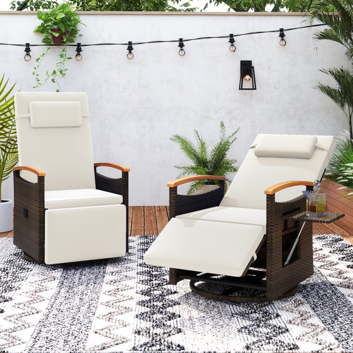 2-HW74097WH Patio Rattan 360 Deg Swivel Recliner Chair with Adjustable Backrest & Footrest - White - Set of 2
