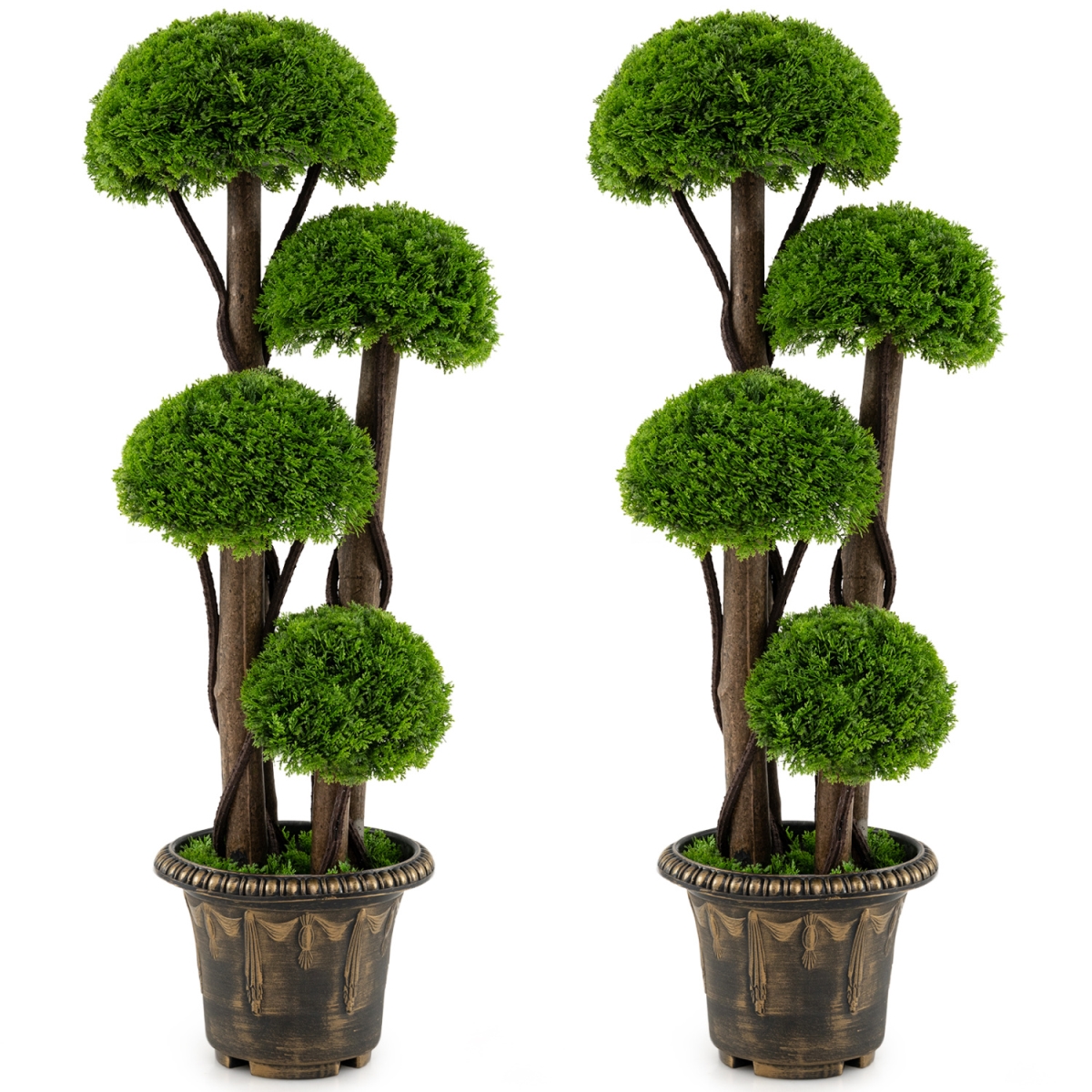 2-HZ10607 3 ft. Artificial Cypress Topiary Tree Realistic Greenery Plant with Spiral Vines - Green & Rustic Brown - Set of 2