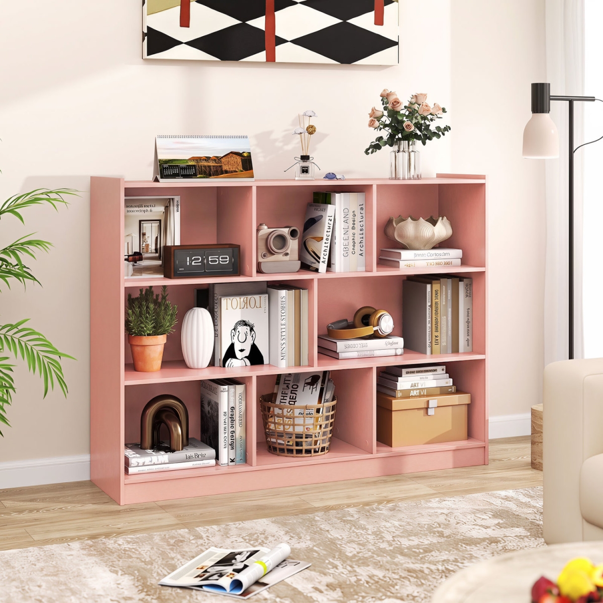CB10658PI 3-Tier Open Bookcase 8-Cube Floor Standing Storage Shelves - Pink