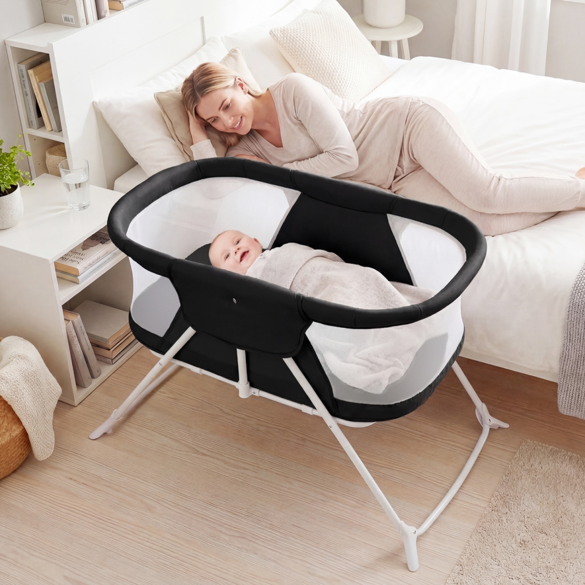 BC10351BK 2 in 1 Baby Bassinet with Rocking Motion Foldable Bedside Sleeper with Breathable Mesh - Black