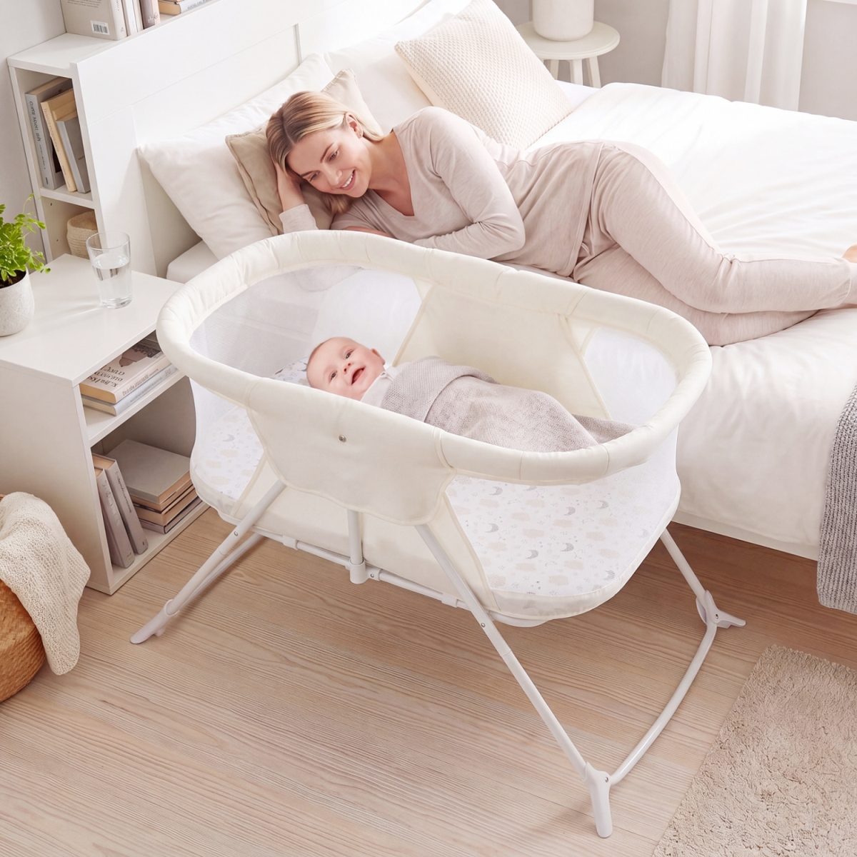 BC10351MS 2 in 1 Baby Bassinet with Rocking Motion Foldable Bedside Sleeper with Breathable Mesh - Beige