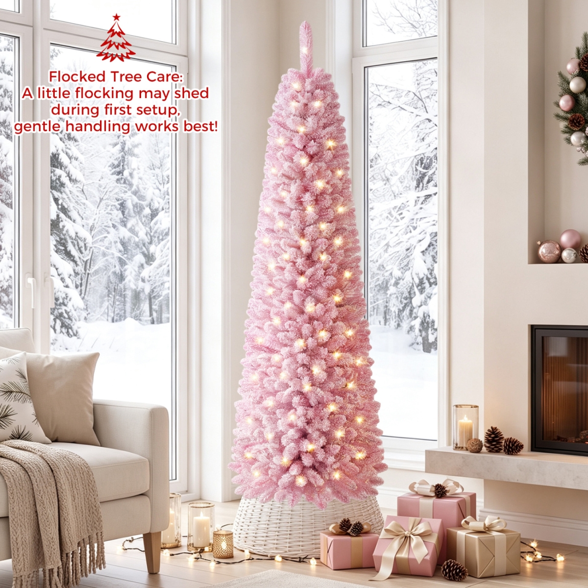 CM25588US-6 Flocked Pencil Christmas Tree with 8 Modes Pre-Lit Artificial Fir - Pink - 6 ft.